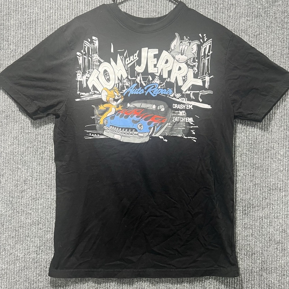 Tom and Jerry Auto Repair Graphic TShirt Mens XL Black Hot Rod Cartoon Tee - Picture 1 of 3